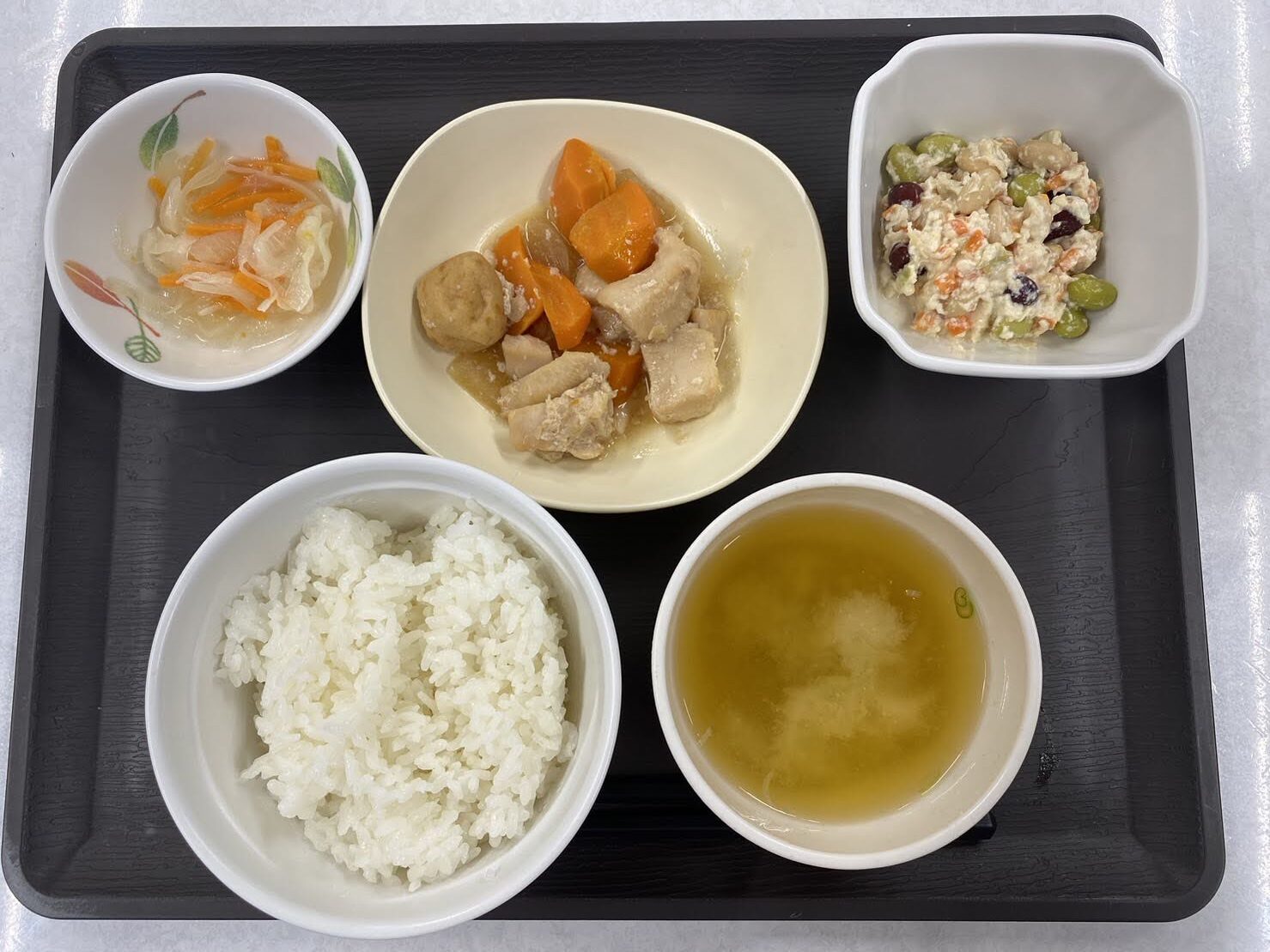 介護食の配食例。肉団子煮、サラダ、白粥、汁物が盛り付けられた食事トレー